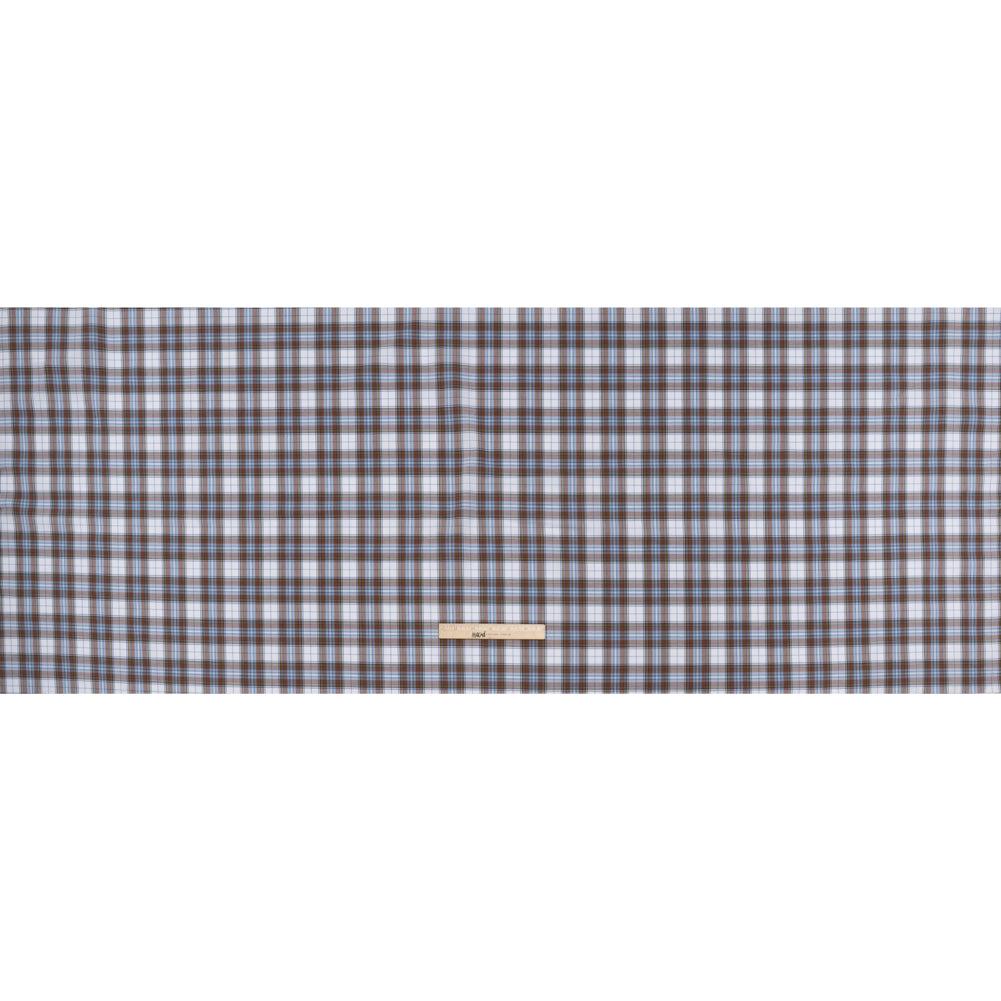 Cotton Shirting Made in Italy - Russet Brown, Country Blue and White Plaid - Designer Deadstock - Full Cotton Shirting Made in Italy - Russet Brown, Country Blue and White Plaid - Designer Deadstock - Full