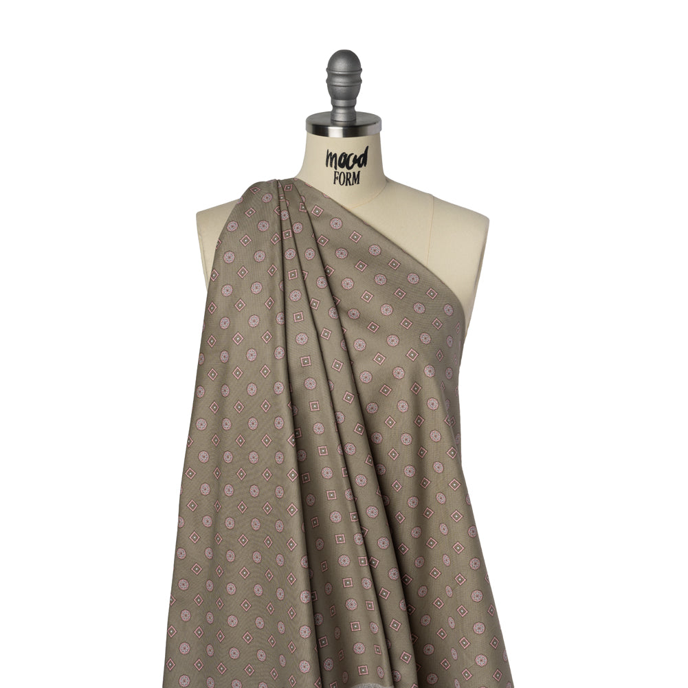 Cotton Oxford Shirting Print - Warm Gray, Baby Pink and White Medallions and Squares - Deadstock - Drape Cotton Oxford Shirting Print - Warm Gray, Baby Pink and White Medallions and Squares - Deadstock - Drape