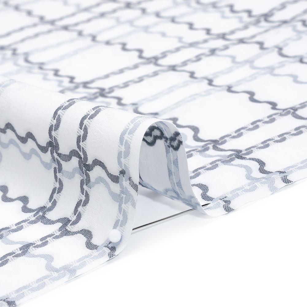 Cotton Jacquard Shirting - Charcoal, Pale Blue and White Wavy Lines Plaid - Deadstock - Detail Cotton Jacquard Shirting - Charcoal, Pale Blue and White Wavy Lines Plaid - Deadstock - Detail
