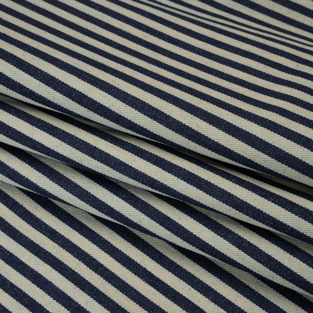 Flexible Cotton Twill Denim - Indigo and Natural Bengal Stripes - Deadstock Folded Flexible Cotton Twill Denim - Indigo and Natural Bengal Stripes - Deadstock Folded