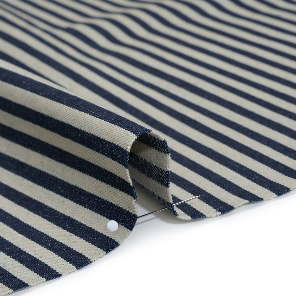 Flexible Cotton Twill Denim - Indigo and Natural Bengal Stripes - Deadstock Detail Flexible Cotton Twill Denim - Indigo and Natural Bengal Stripes - Deadstock Detail