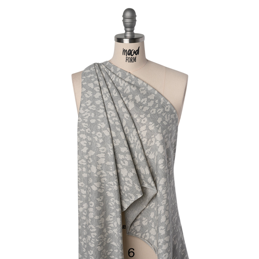 Cotton and Polyester Jacquard Knit French Terry - Heathered Gray and Ivory Leopard Spots - Deadstock - Drape Cotton and Polyester Jacquard Knit French Terry - Heathered Gray and Ivory Leopard Spots - Deadstock - Drape