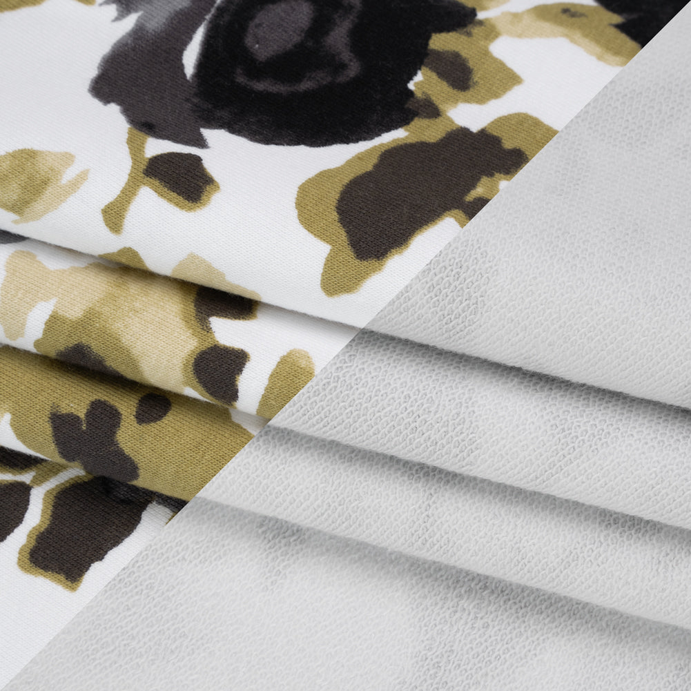 Stretch Cotton French Terry - Olive, Black and White Abstract Roses Print - Deadstock - Folded Stretch Cotton French Terry - Olive, Black and White Abstract Roses Print - Deadstock - Folded