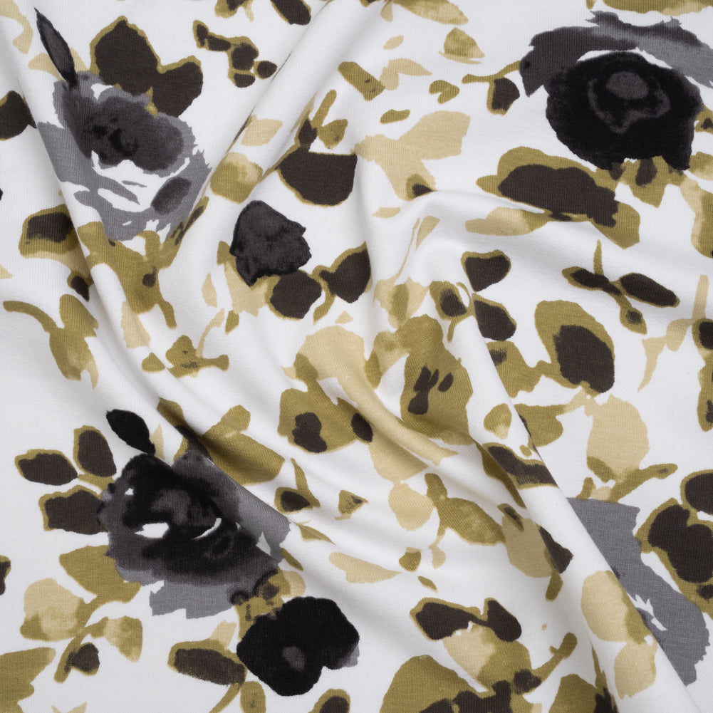 Stretch Cotton French Terry - Olive, Black and White Abstract Roses Print - Deadstock Stretch Cotton French Terry - Olive, Black and White Abstract Roses Print - Deadstock