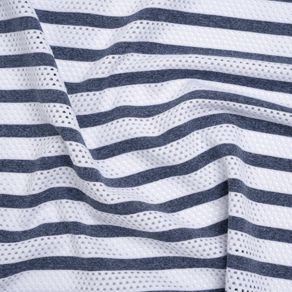 Stretch Polyester Jersey Knit Mesh - White Mesh and Heathered Navy Stripes - Deadstock Stretch Polyester Jersey Knit Mesh - White Mesh and Heathered Navy Stripes - Deadstock
