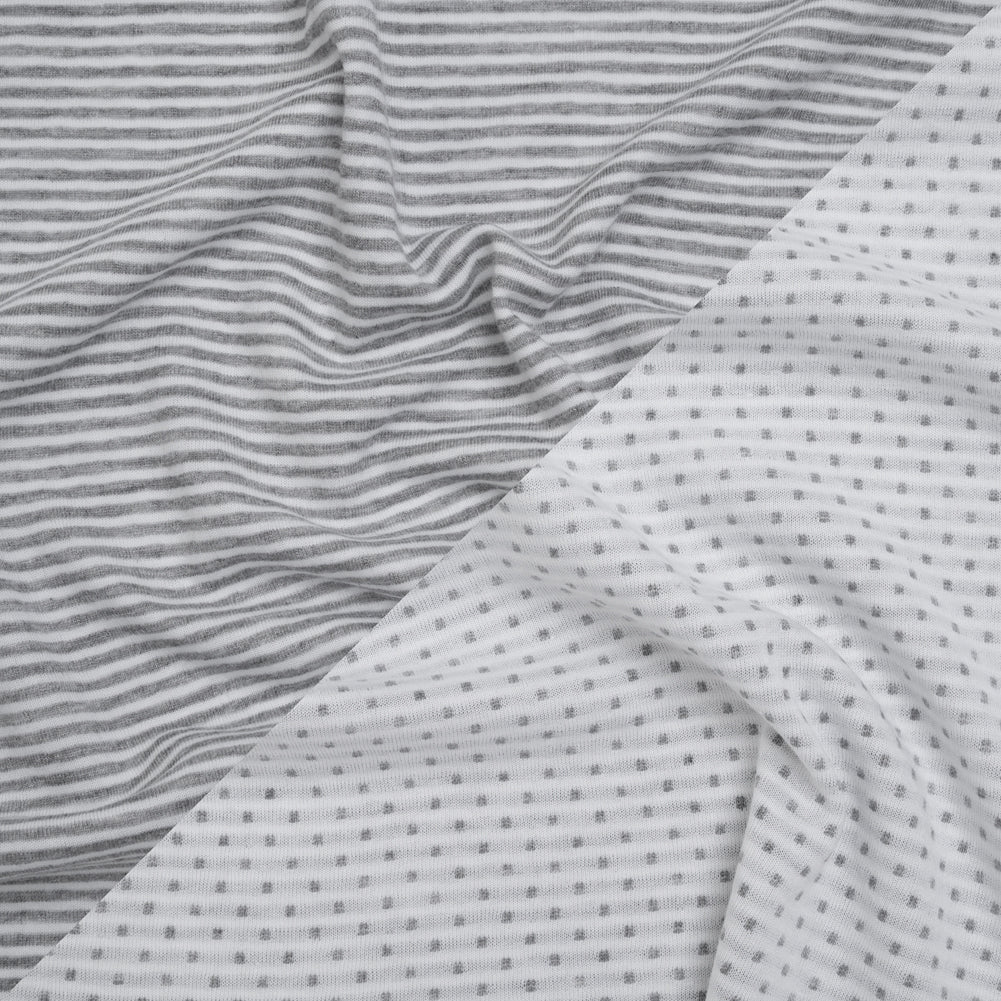 Rayon and Polyester Double Knit Jersey - Gray and White Stripes and Polka Dots - Deadstock Rayon and Polyester Double Knit Jersey - Gray and White Stripes and Polka Dots - Deadstock