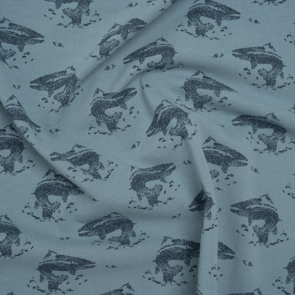 Cotton Pique Knit Print - Navy and Dusty Blue Whales - Deadstock Cotton Pique Knit Print - Navy and Dusty Blue Whales - Deadstock
