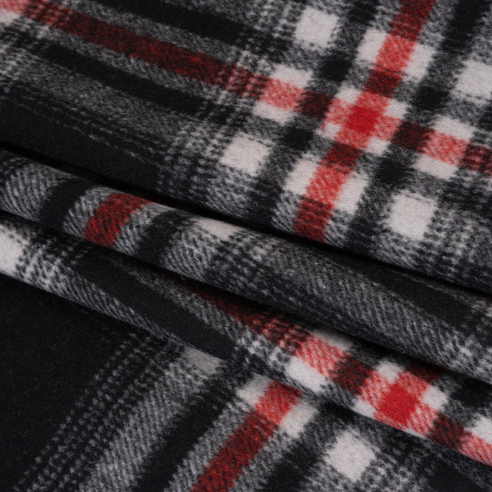 Brushed Wool Blend Twill Coating - Black, Red and White Plaid - Deadstock Folded Brushed Wool Blend Twill Coating - Black, Red and White Plaid - Deadstock Folded