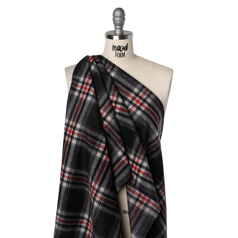 Brushed Wool Blend Twill Coating - Black, Red and White Plaid - Deadstock Drape Brushed Wool Blend Twill Coating - Black, Red and White Plaid - Deadstock Drape