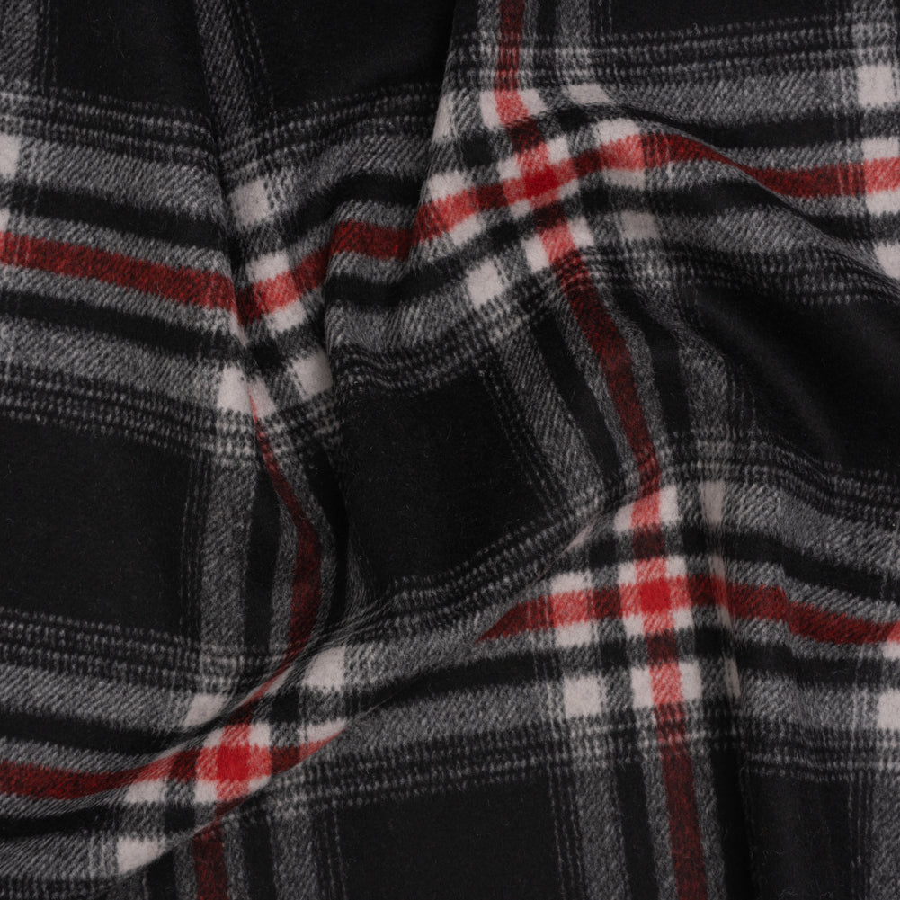 Brushed Wool Blend Twill Coating - Black, Red and White Plaid - Deadstock Brushed Wool Blend Twill Coating - Black, Red and White Plaid - Deadstock