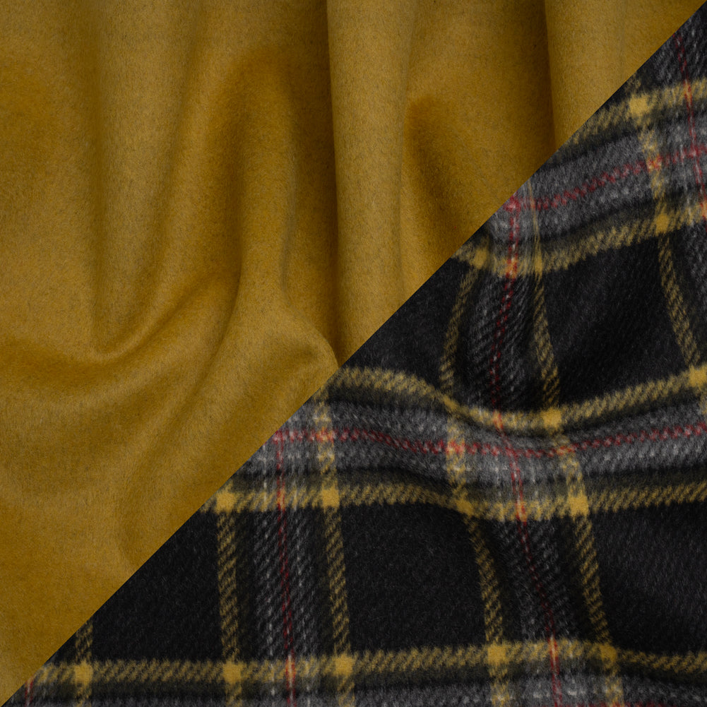 Brushed Wool Blend Double Cloth Coating - Mustard Yellow, Dark Gray and Red Plaid - Deadstock Brushed Wool Blend Double Cloth Coating - Mustard Yellow, Dark Gray and Red Plaid - Deadstock