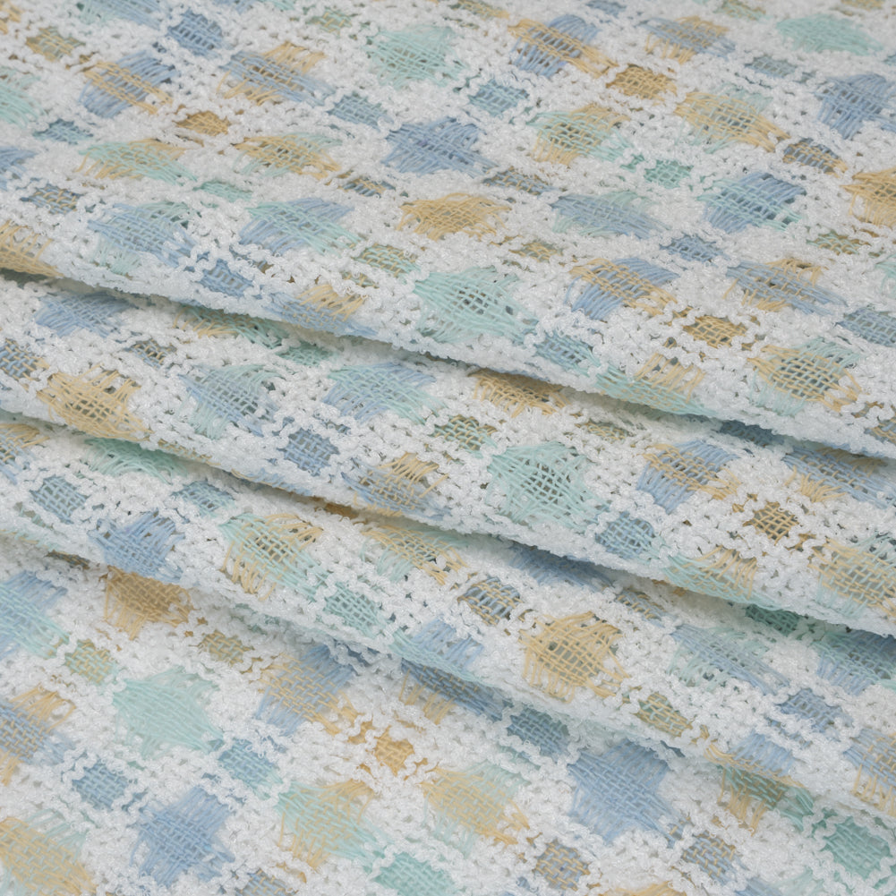Polyester Boucle Tweed - Baby Blue, Pale Beige and White Plaid - Deadstock Folded Polyester Boucle Tweed - Baby Blue, Pale Beige and White Plaid - Deadstock Folded