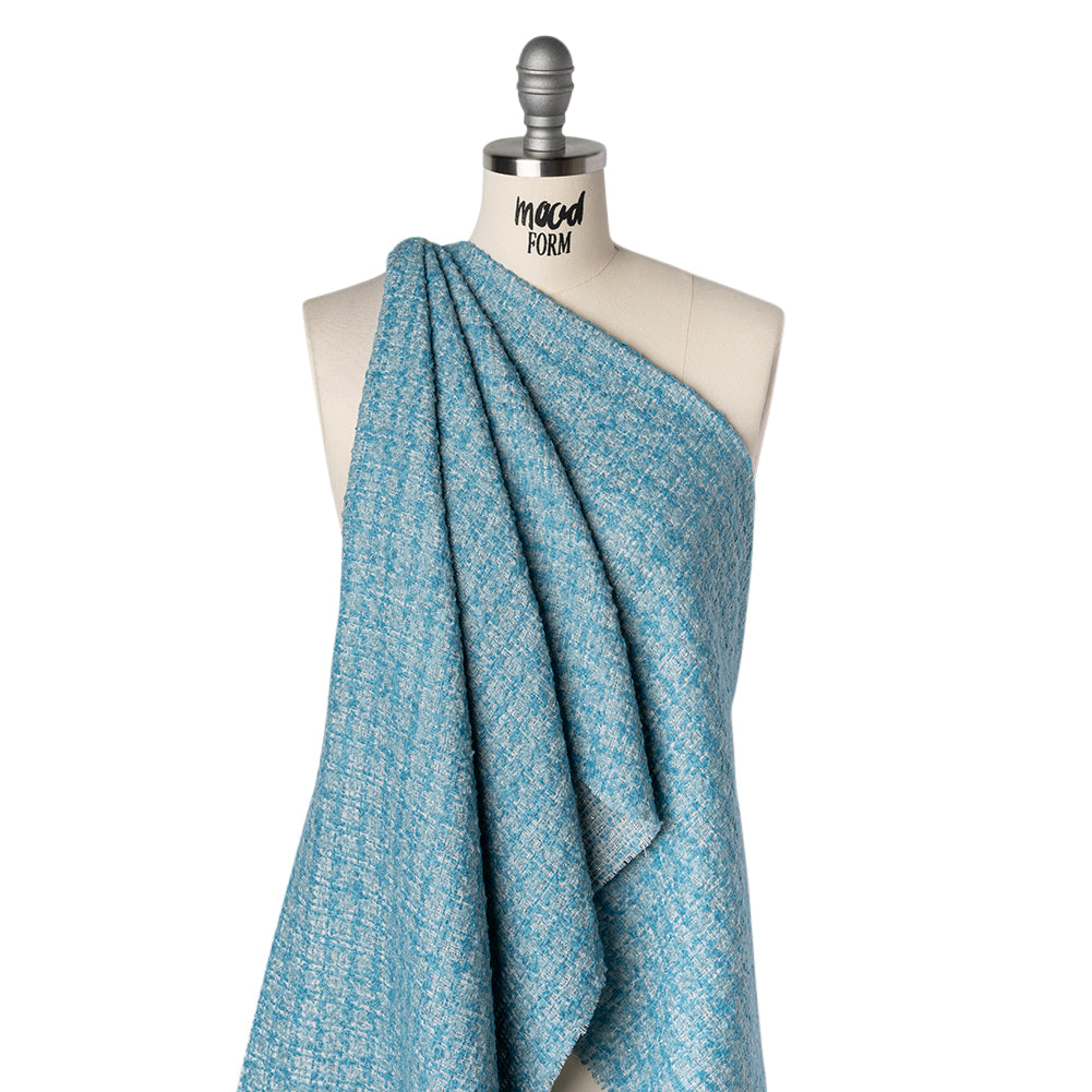 Wool Blend Boucle Tweed - Pale Blue, Sky and White Check - Deadstock Drape Wool Blend Boucle Tweed - Pale Blue, Sky and White Check - Deadstock Drape