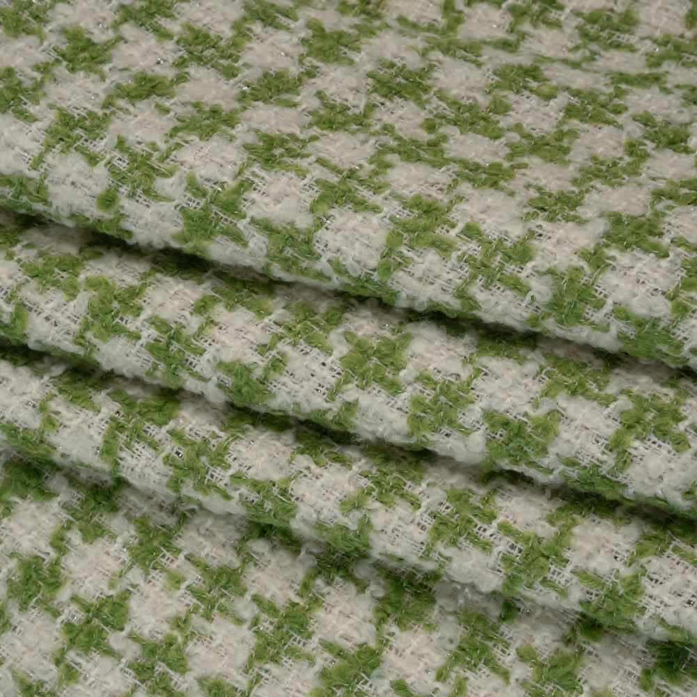 Polyester Boucle Tweed with Metallic Accents - Avocado Green, White and Silver Houndstooth - Deadstock Folded Polyester Boucle Tweed with Metallic Accents - Avocado Green, White and Silver Houndstooth - Deadstock Folded