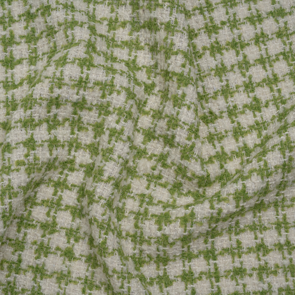 Polyester Boucle Tweed with Metallic Accents - Avocado Green, White and Silver Houndstooth - Deadstock Polyester Boucle Tweed with Metallic Accents - Avocado Green, White and Silver Houndstooth - Deadstock