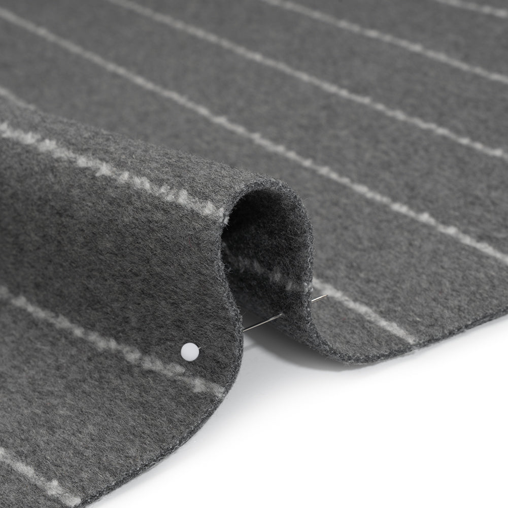 Brushed Wool Blend Double Cloth Twill Coating - Heathered Gray and White Textured Chalk Stripes - Deadstock Detail Brushed Wool Blend Double Cloth Twill Coating - Heathered Gray and White Textured Chalk Stripes - Deadstock Detail