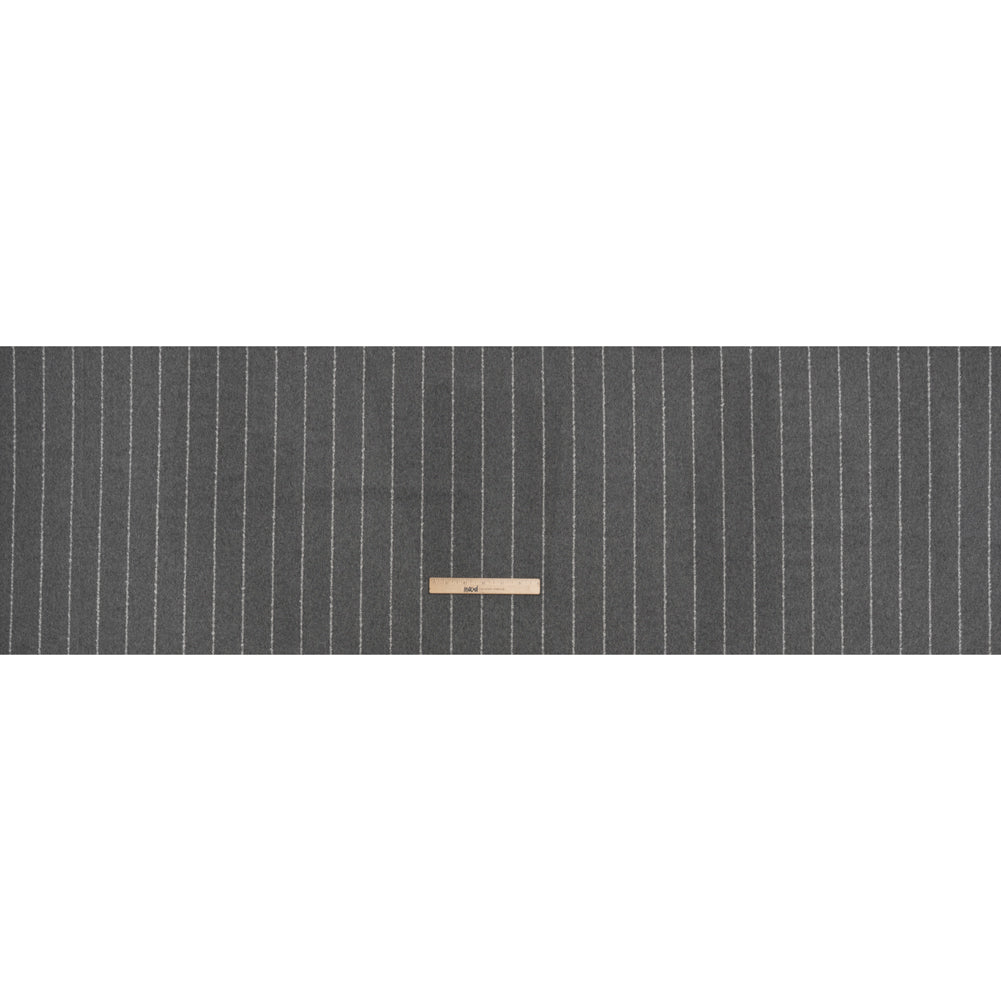 Brushed Wool Blend Double Cloth Twill Coating - Heathered Gray and White Textured Chalk Stripes - Deadstock - Full Brushed Wool Blend Double Cloth Twill Coating - Heathered Gray and White Textured Chalk Stripes - Deadstock - Full