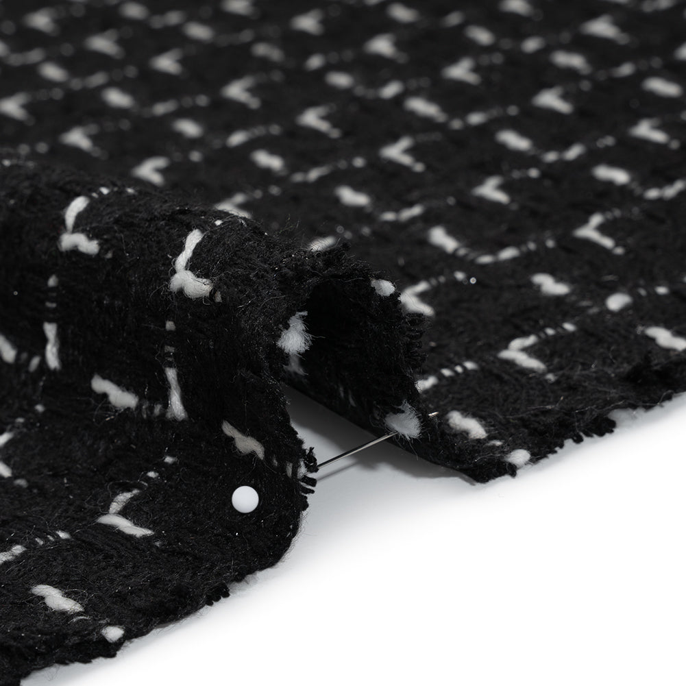 Wool Blend Tweed with Metallic Accents - Black and White Plaid Detail Wool Blend Tweed with Metallic Accents - Black and White Plaid Detail