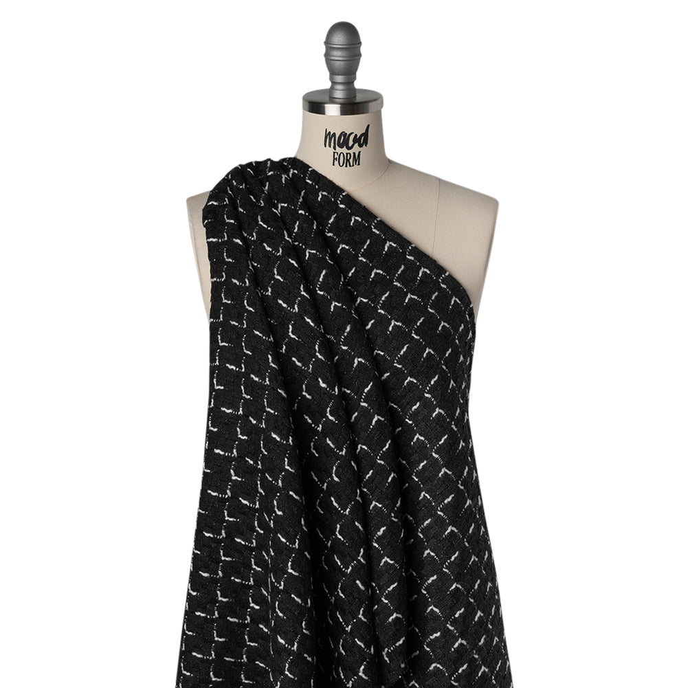 Wool Blend Tweed with Metallic Accents - Black and White Plaid Drape Wool Blend Tweed with Metallic Accents - Black and White Plaid Drape