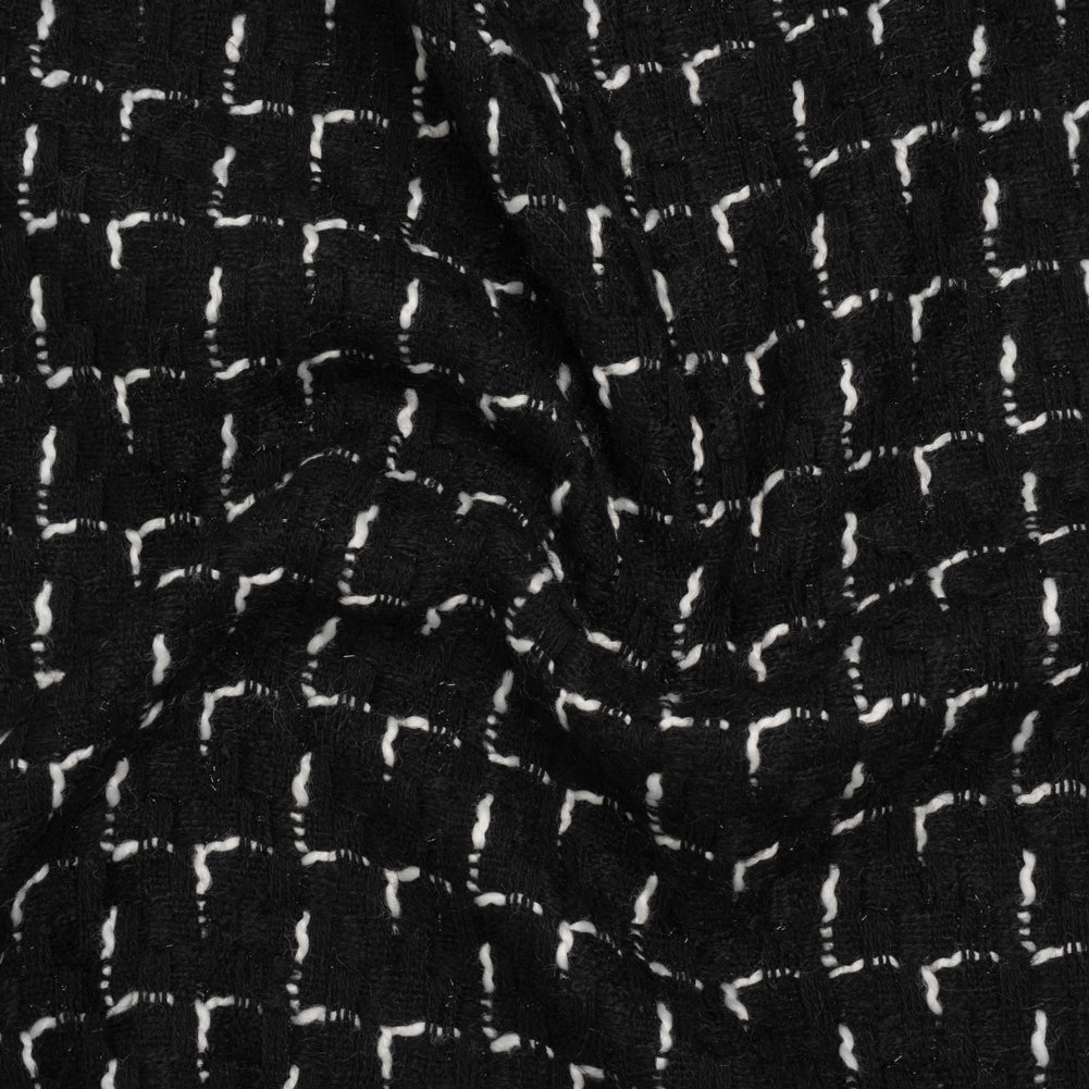 Wool Blend Tweed with Metallic Accents - Black and White Plaid Wool Blend Tweed with Metallic Accents - Black and White Plaid
