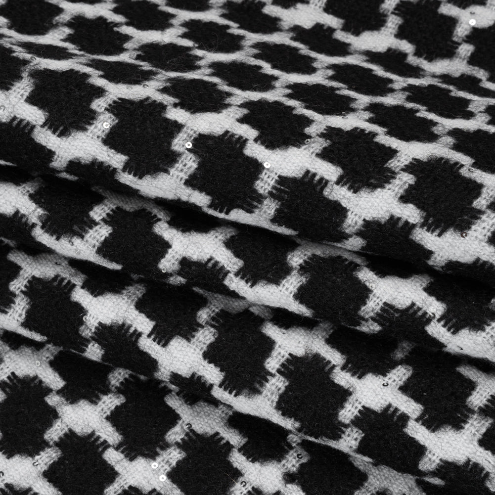 Wool Blend Tweed with Clear Baby Sequins - Black and White Chunky Houndstooth - Deadstock Folded Wool Blend Tweed with Clear Baby Sequins - Black and White Chunky Houndstooth - Deadstock Folded