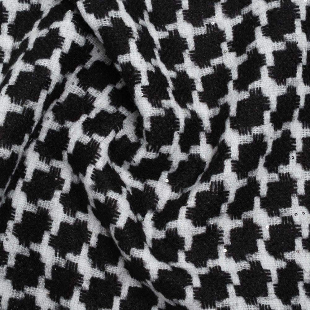 Wool Blend Tweed with Clear Baby Sequins - Black and White Chunky Houndstooth - Deadstock Wool Blend Tweed with Clear Baby Sequins - Black and White Chunky Houndstooth - Deadstock