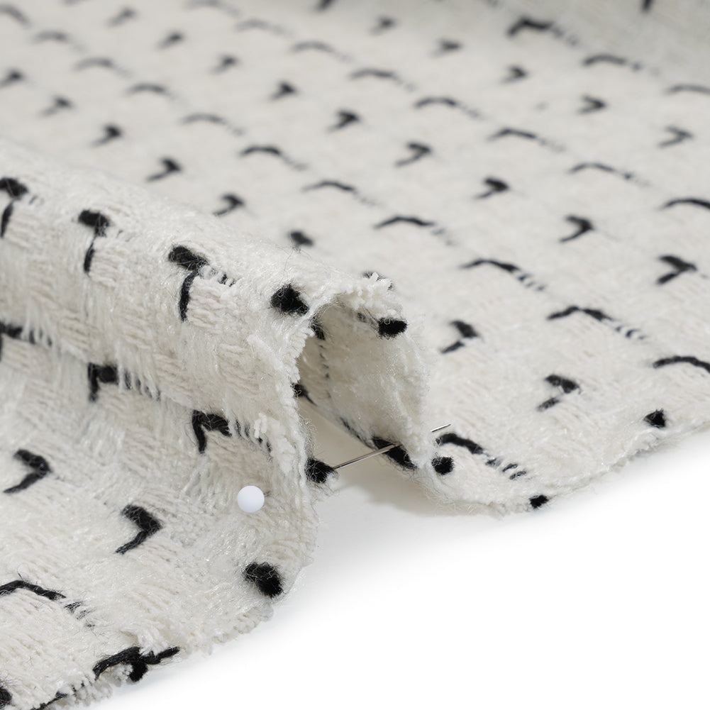 Wool Blend Tweed with Metallic Accents - Off White and Black Plaid Detail Wool Blend Tweed with Metallic Accents - Off White and Black Plaid Detail