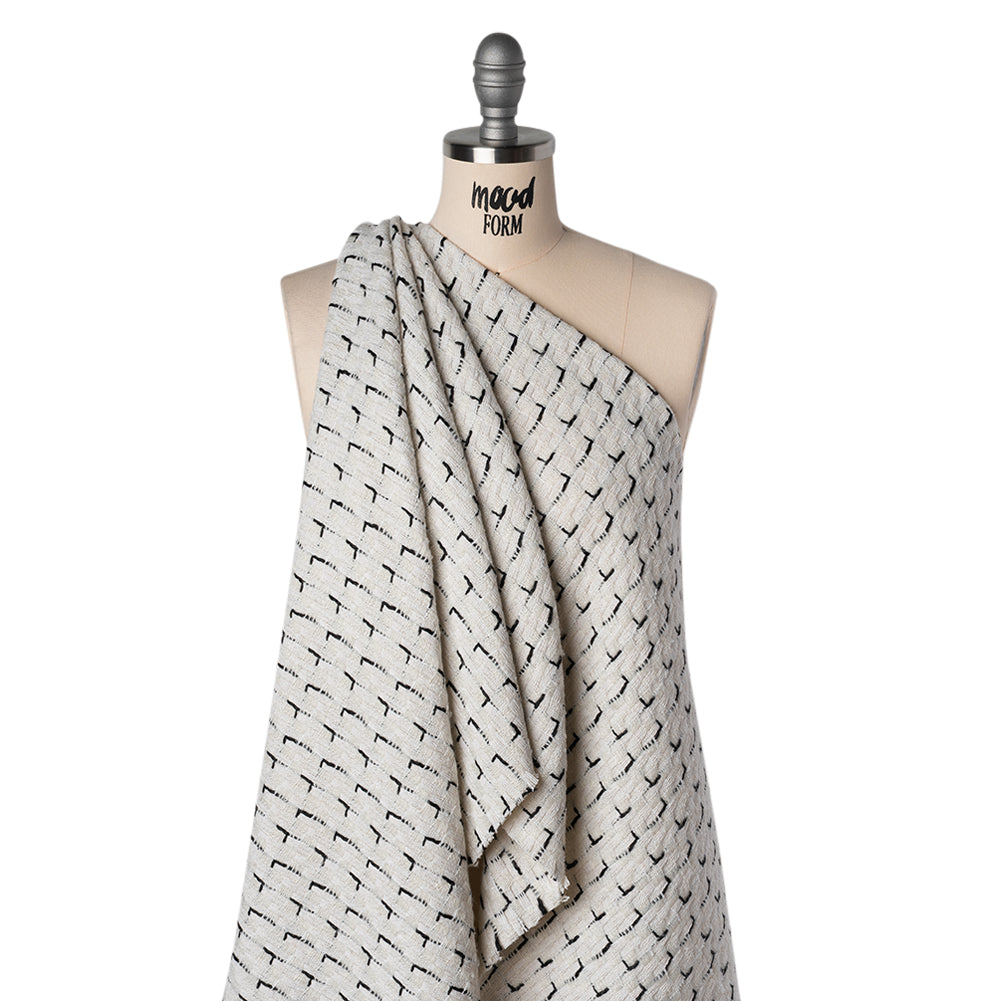 Wool Blend Tweed with Metallic Accents - Off White and Black Plaid Drape Wool Blend Tweed with Metallic Accents - Off White and Black Plaid Drape