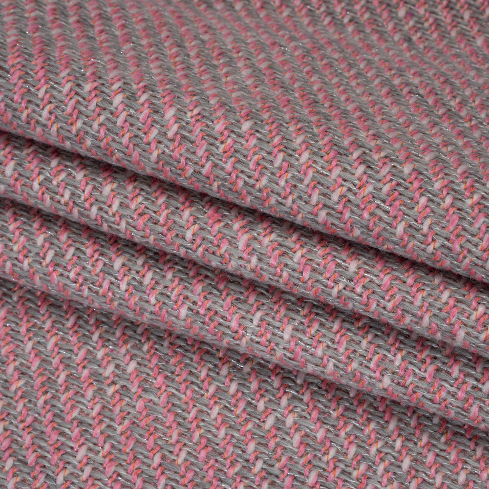 Metallic Wool and Polyester Tweedy Twill - Silvery Gray, Bubblegum Pink and Orange - Deadstock Folded Metallic Wool and Polyester Tweedy Twill - Silvery Gray, Bubblegum Pink and Orange - Deadstock Folded