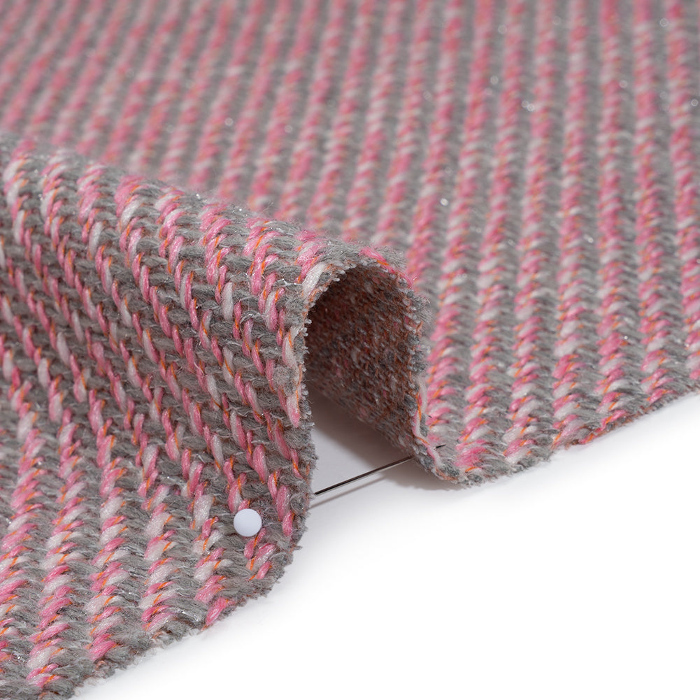 Metallic Wool and Polyester Tweedy Twill - Silvery Gray, Bubblegum Pink and Orange - Deadstock Detail Metallic Wool and Polyester Tweedy Twill - Silvery Gray, Bubblegum Pink and Orange - Deadstock Detail