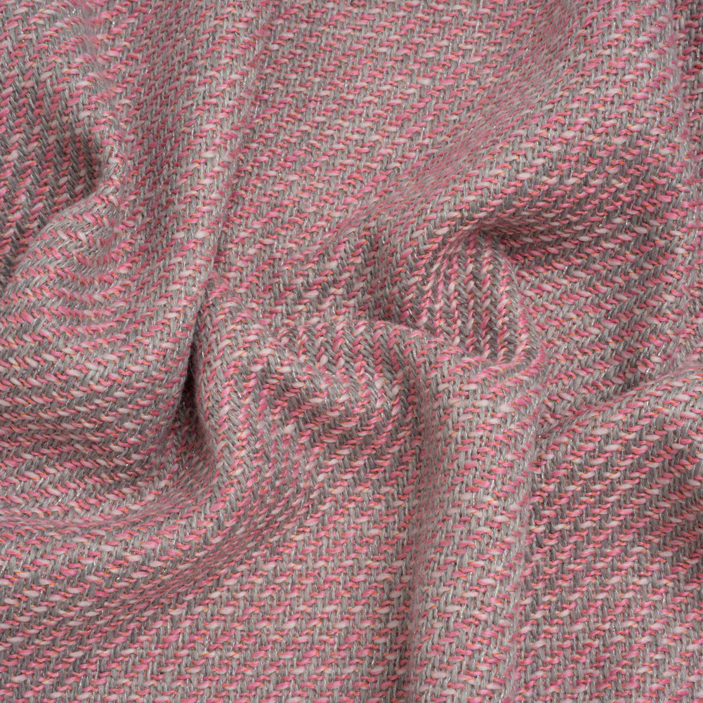 Metallic Wool and Polyester Tweedy Twill - Silvery Gray, Bubblegum Pink and Orange - Deadstock Metallic Wool and Polyester Tweedy Twill - Silvery Gray, Bubblegum Pink and Orange - Deadstock