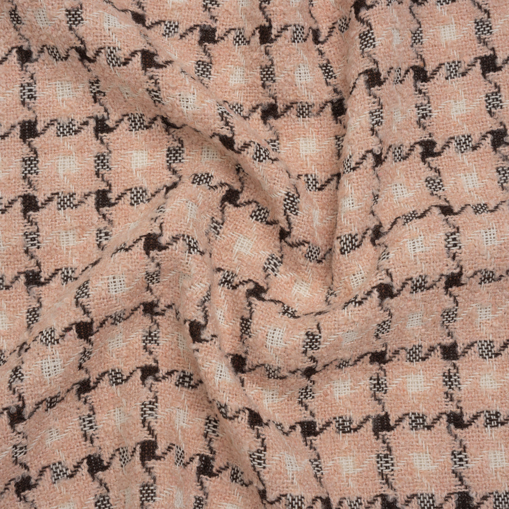 Polyester Boucle Tweed - Blush Pink, Dark Brown and White Houndstooth Check - Deadstock Polyester Boucle Tweed - Blush Pink, Dark Brown and White Houndstooth Check - Deadstock