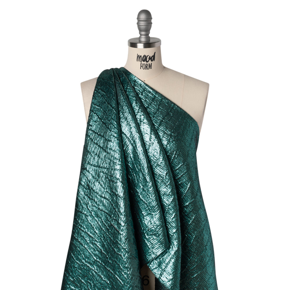 Metallic Polyester Brocade - Light Teal and Black Textured Ripples - Deadstock Drape Metallic Polyester Brocade - Light Teal and Black Textured Ripples - Deadstock Drape