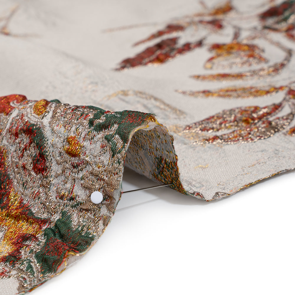 Metallic Polyester Brocade - Light Beige, Red Orange and Green Floral - Deadstock Detail Metallic Polyester Brocade - Light Beige, Red Orange and Green Floral - Deadstock Detail