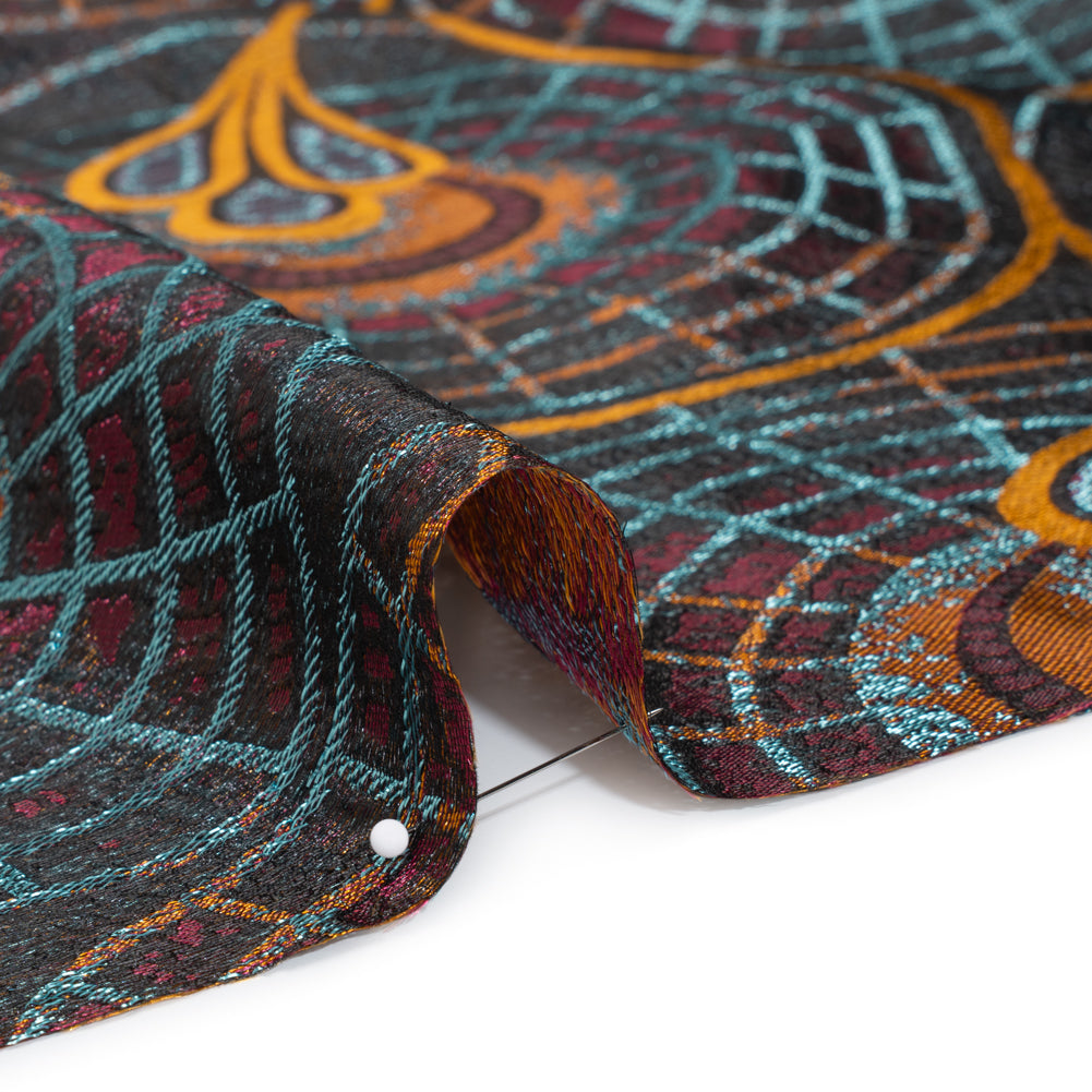 Metallic Polyester Brocade - Orange, Wine Red and Sky Blue Geometrically Abstract Dandelions - Deadstock Detail Metallic Polyester Brocade - Orange, Wine Red and Sky Blue Geometrically Abstract Dandelions - Deadstock Detail