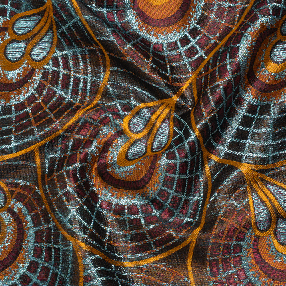 Metallic Polyester Brocade - Orange, Wine Red and Sky Blue Geometrically Abstract Dandelions - Deadstock Metallic Polyester Brocade - Orange, Wine Red and Sky Blue Geometrically Abstract Dandelions - Deadstock