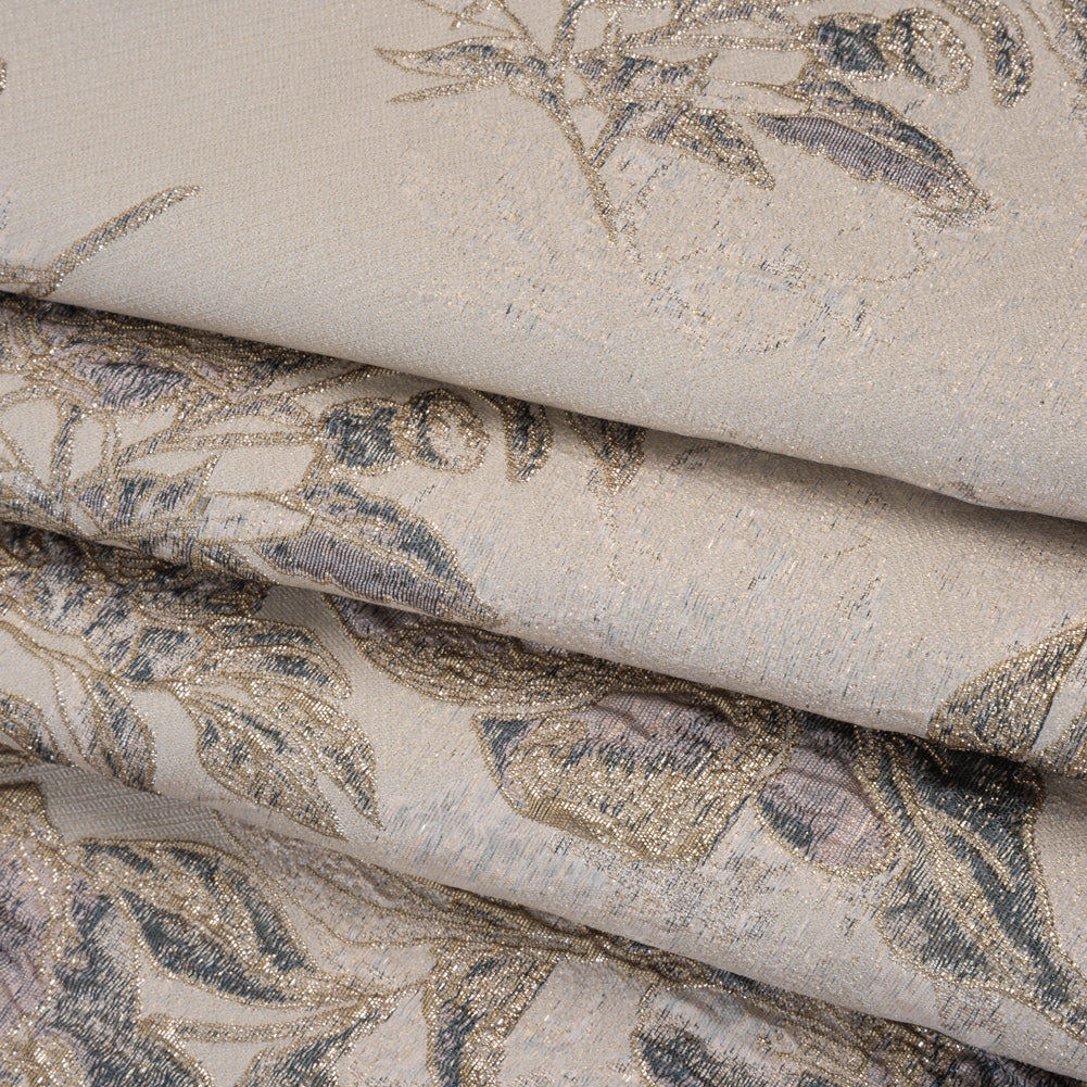 Metallic Polyester Brocade - Pale Pink, Steel Blue and Gold Floral - Deadstock Folded Metallic Polyester Brocade - Pale Pink, Steel Blue and Gold Floral - Deadstock Folded