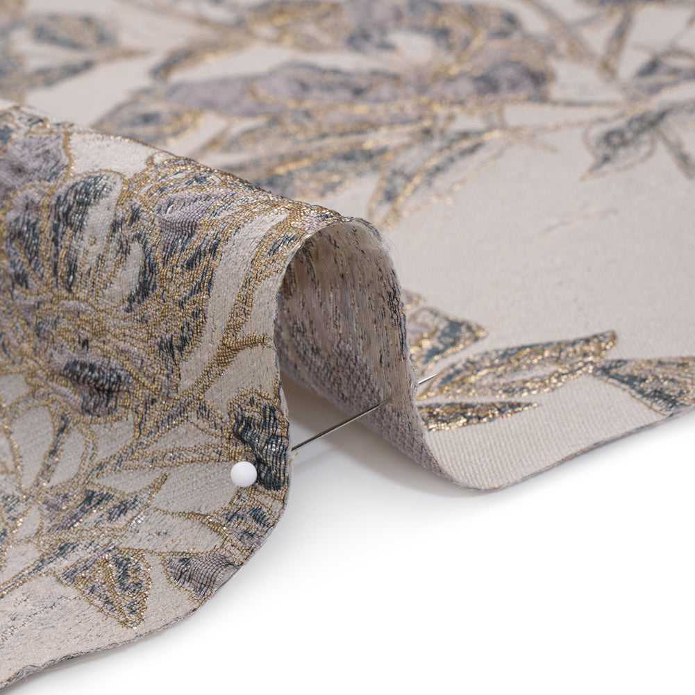 Metallic Polyester Brocade - Pale Pink, Steel Blue and Gold Floral - Deadstock Detail Metallic Polyester Brocade - Pale Pink, Steel Blue and Gold Floral - Deadstock Detail
