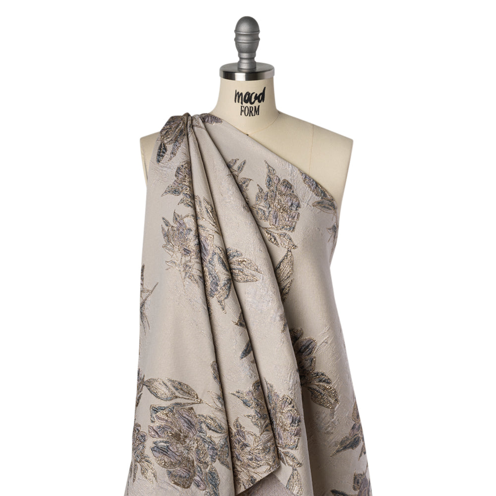 Metallic Polyester Brocade - Pale Pink, Steel Blue and Gold Floral - Deadstock Drape Metallic Polyester Brocade - Pale Pink, Steel Blue and Gold Floral - Deadstock Drape