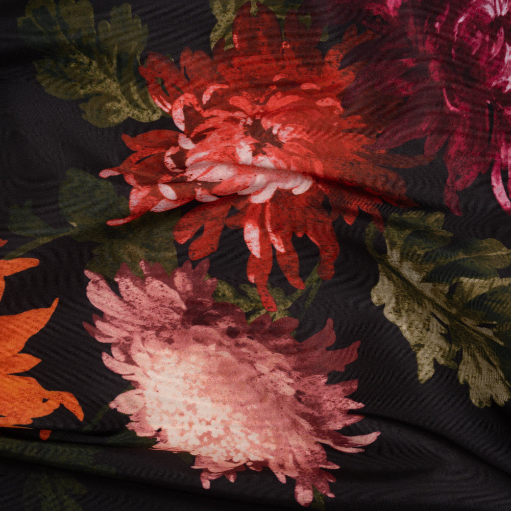 Polyester Faille Print by Carolina Herrera - Black, Orange and Pink Chrysanthemum Floral - Designer Deadstock Polyester Faille Print by Carolina Herrera - Black, Orange and Pink Chrysanthemum Floral - Designer Deadstock