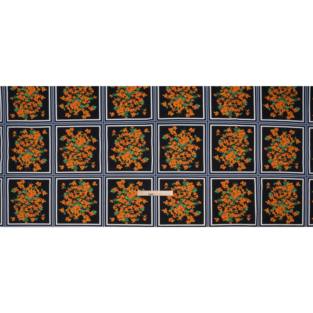 Stretch Cotton and Viscose Faille Print by Carolina Herrera - Black, Country Blue and Orange Floral Bunch Squares - Designer Deadstock - Full Stretch Cotton and Viscose Faille Print by Carolina Herrera - Black, Country Blue and Orange Floral Bunch Squares - Designer Deadstock - Full