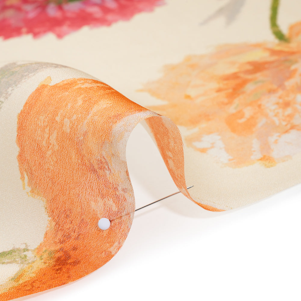 Satin Faced Silk Organza Print by Carolina Herrera - Cream, Pink and Orange Watercolor Florals - Designer Deadstock - Detail Satin Faced Silk Organza Print by Carolina Herrera - Cream, Pink and Orange Watercolor Florals - Designer Deadstock - Detail