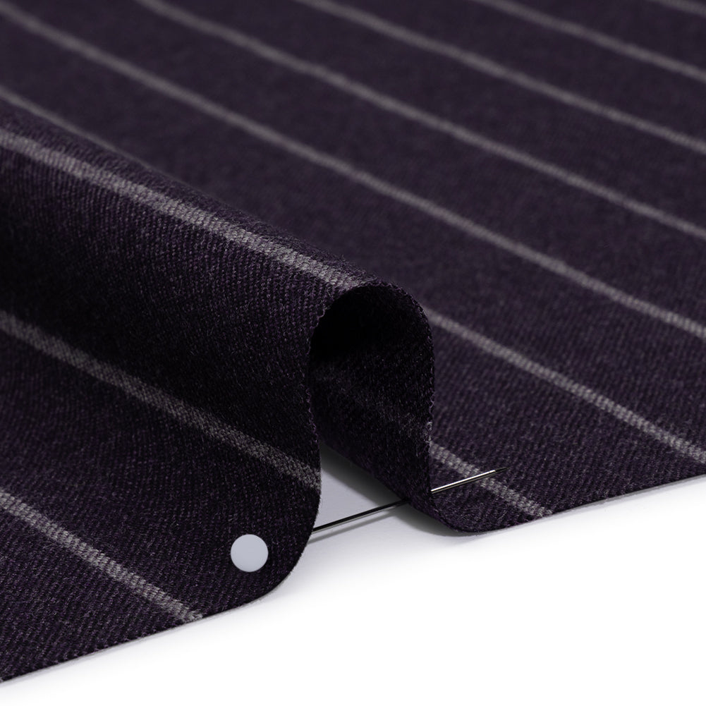 Stretch Virgin Wool Twill Suiting Made in Italy - Plum Purple and White Chalk Stripes - Detail Stretch Virgin Wool Twill Suiting Made in Italy - Plum Purple and White Chalk Stripes - Detail