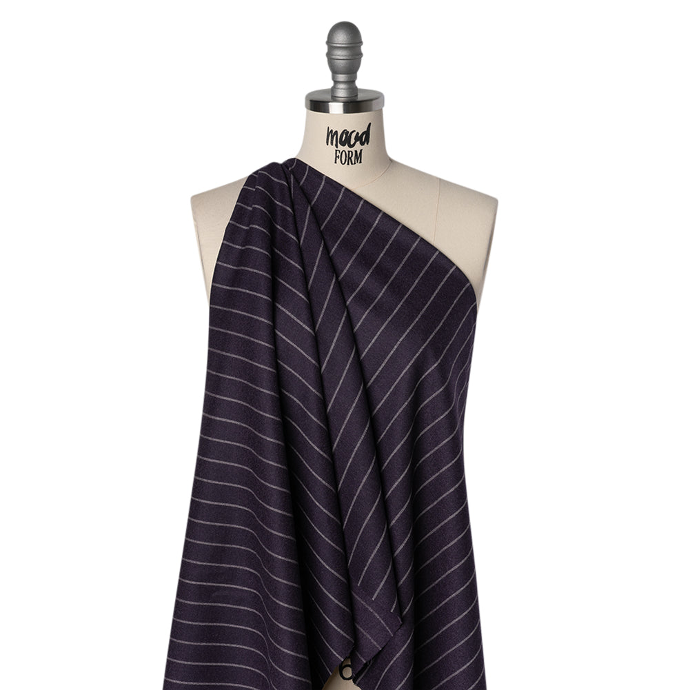 Stretch Virgin Wool Twill Suiting Made in Italy - Plum Purple and White Chalk Stripes - Drape Stretch Virgin Wool Twill Suiting Made in Italy - Plum Purple and White Chalk Stripes - Drape