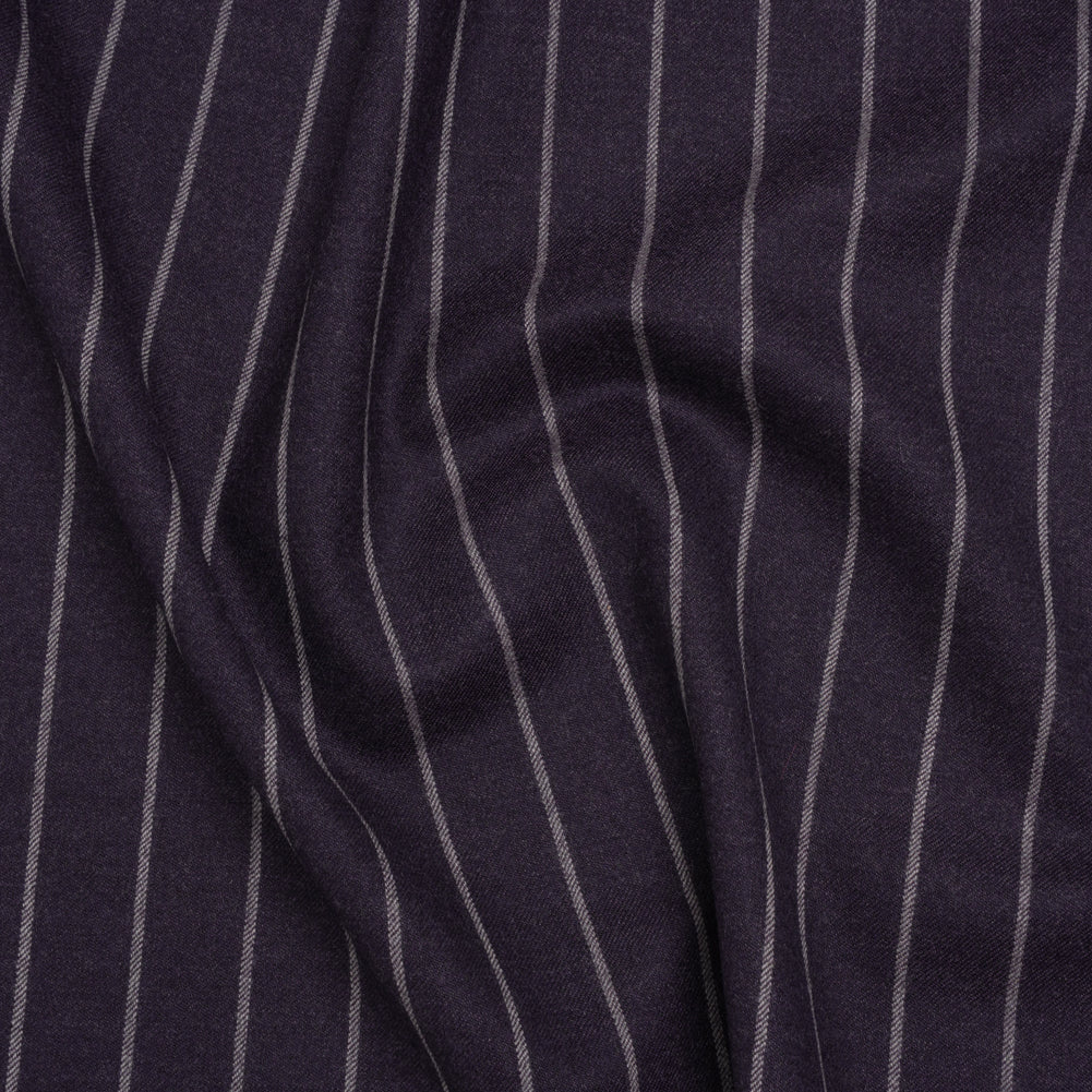 Stretch Virgin Wool Twill Suiting Made in Italy - Plum Purple and White Chalk Stripes Stretch Virgin Wool Twill Suiting Made in Italy - Plum Purple and White Chalk Stripes