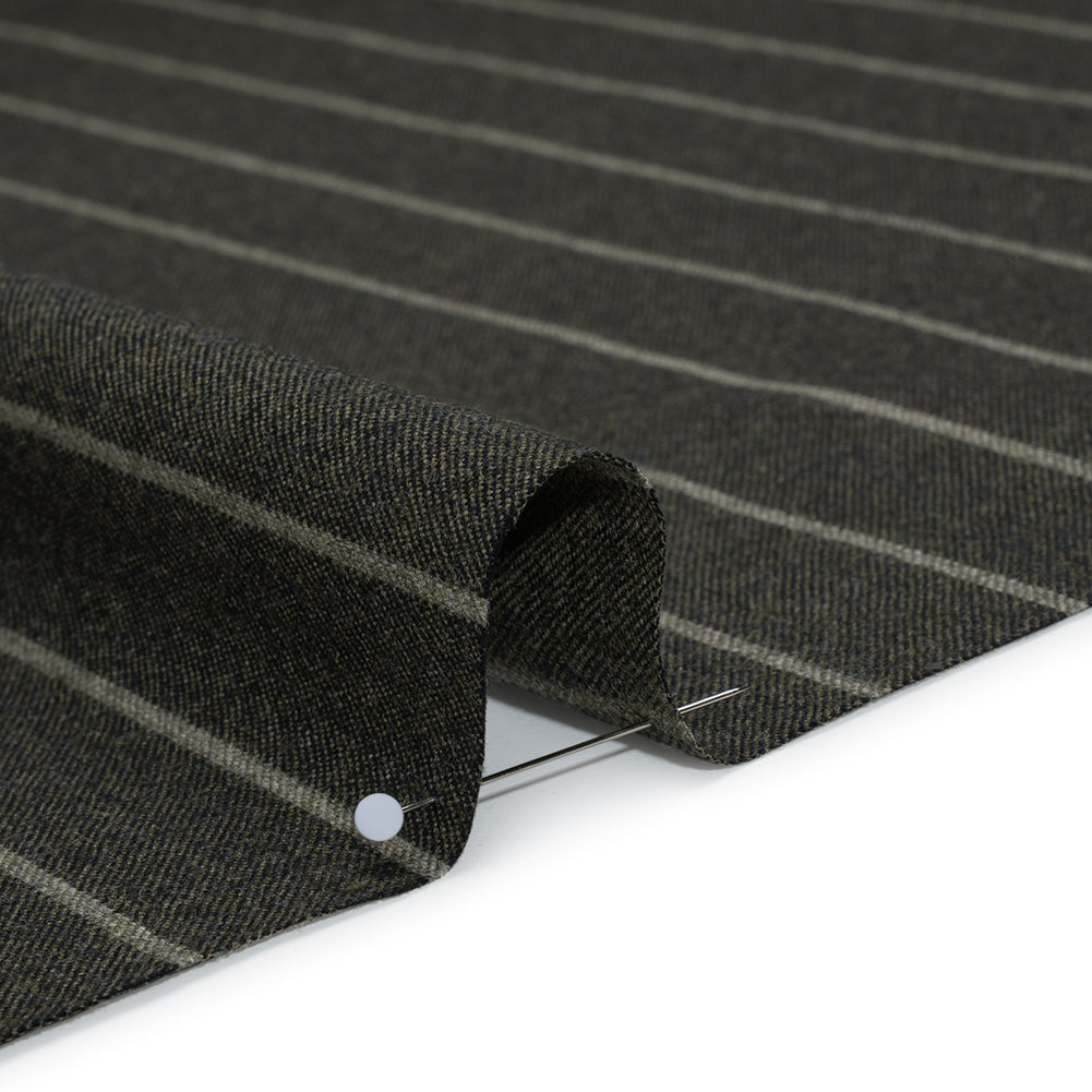 Stretch Virgin Wool Twill Suiting Made in Italy - Dark Green and White Chalk Stripes - Detail Stretch Virgin Wool Twill Suiting Made in Italy - Dark Green and White Chalk Stripes - Detail