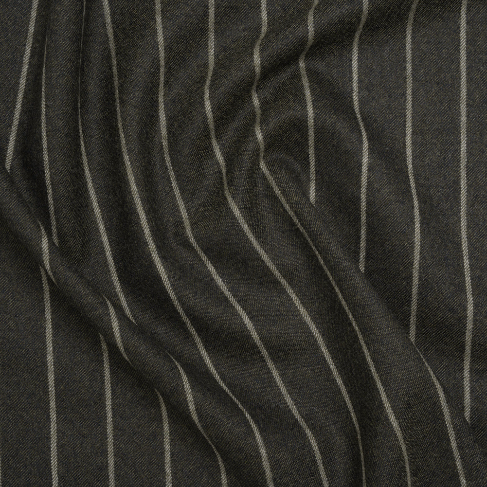 Stretch Virgin Wool Twill Suiting Made in Italy - Dark Green and White Chalk Stripes Stretch Virgin Wool Twill Suiting Made in Italy - Dark Green and White Chalk Stripes