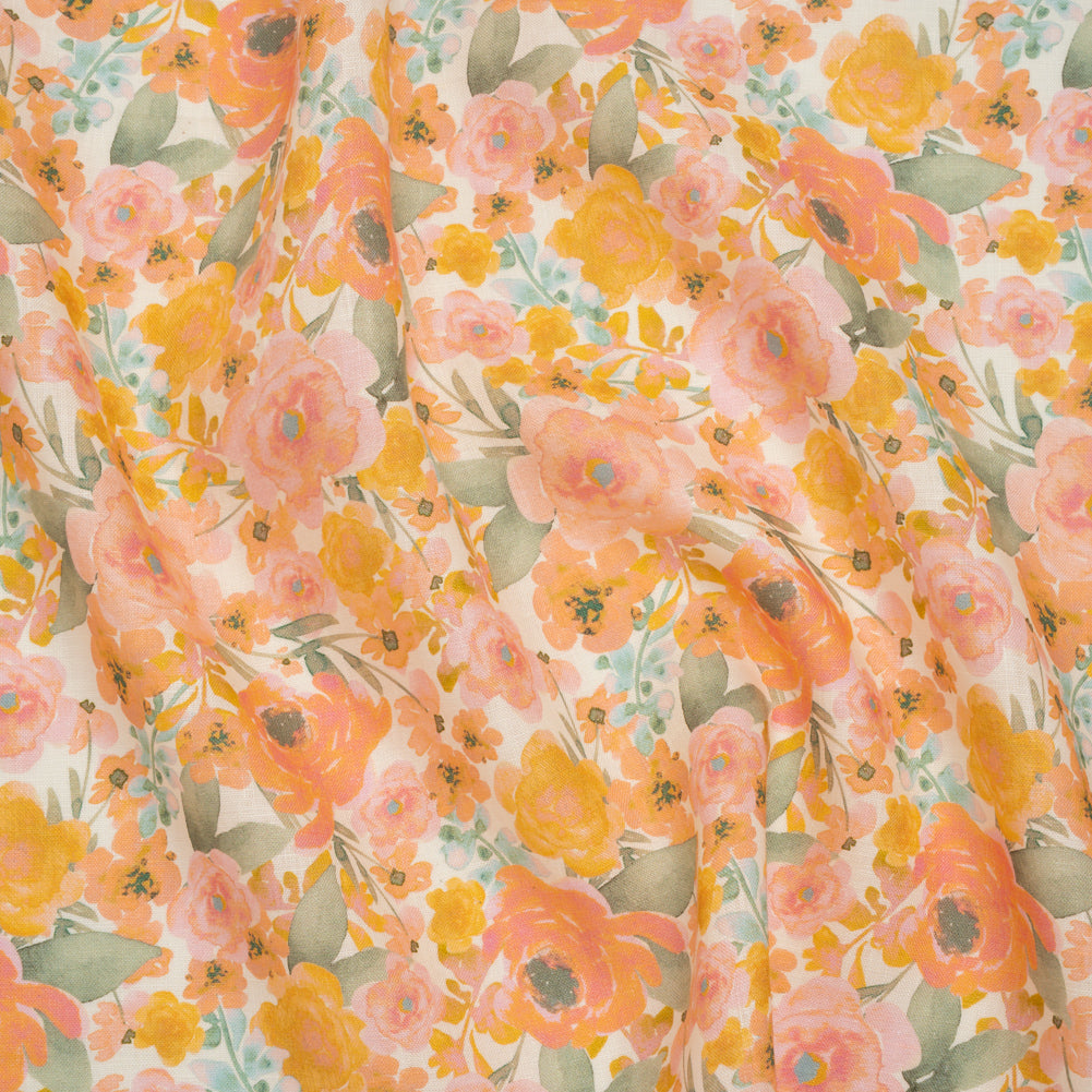 Lightweight Linen Woven Print - Peachy Pink, Yellow and Sage Green Watercolor Florals Lightweight Linen Woven Print - Peachy Pink, Yellow and Sage Green Watercolor Florals