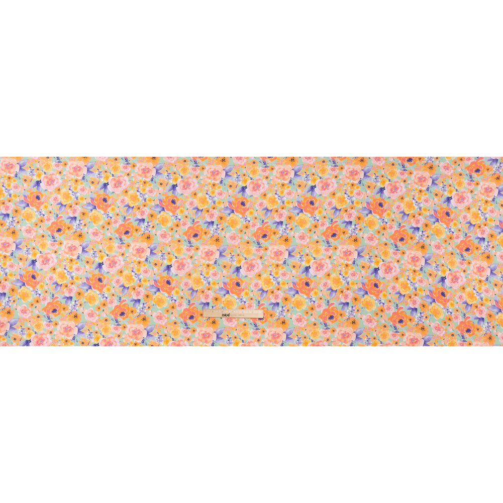 Lightweight Linen Woven Print - Light Sage, Purple and Orange Watercolor Florals - Full Lightweight Linen Woven Print - Light Sage, Purple and Orange Watercolor Florals - Full