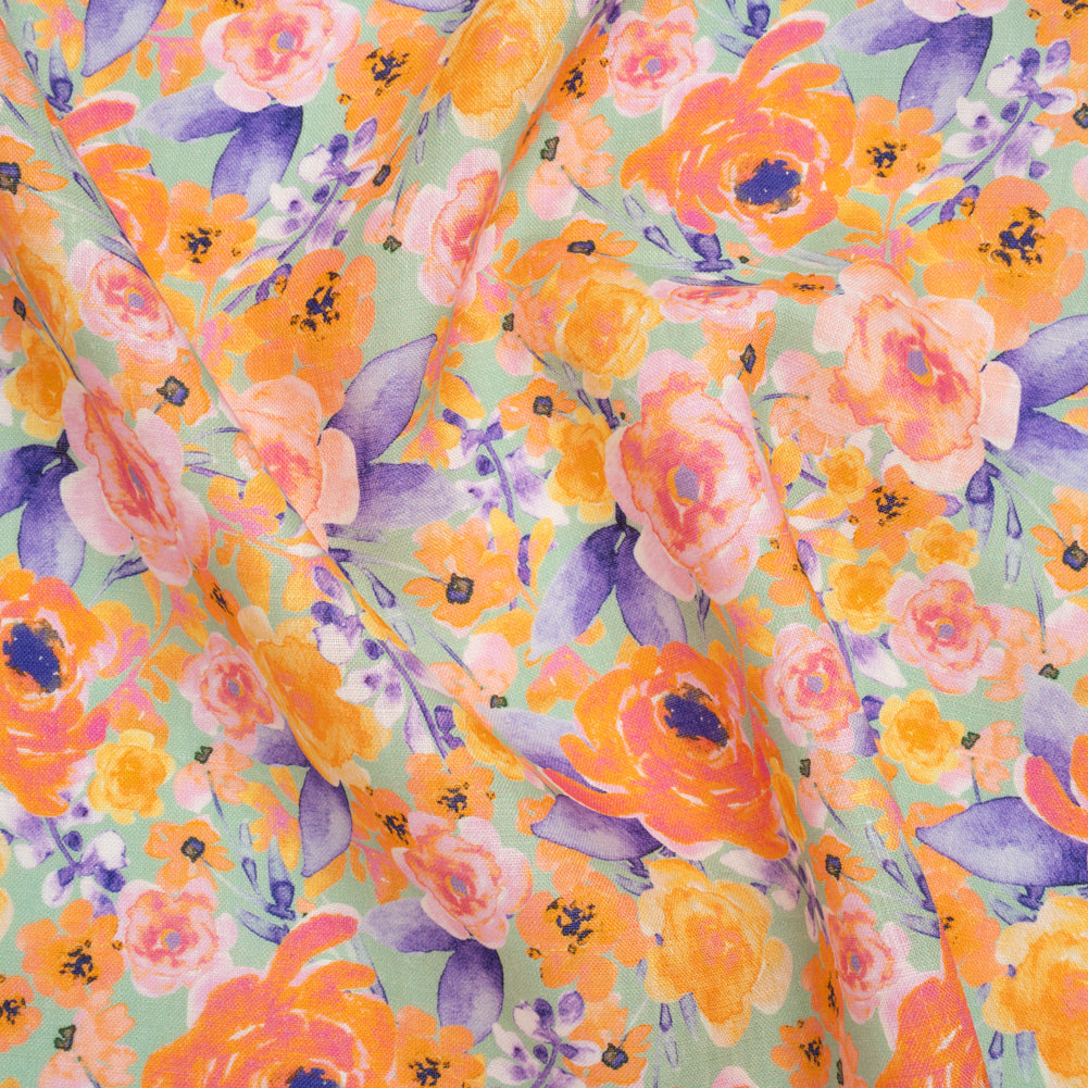 Lightweight Linen Woven Print - Light Sage, Purple and Orange Watercolor Florals Lightweight Linen Woven Print - Light Sage, Purple and Orange Watercolor Florals